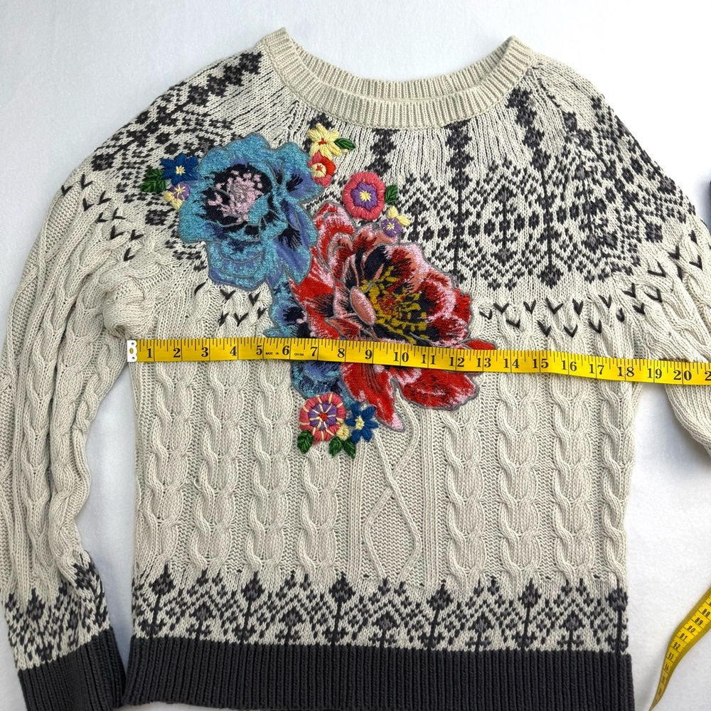 Anthropologie Cream Cable-Knit Sweater with Floral Embroidery - Picture 4 of 15